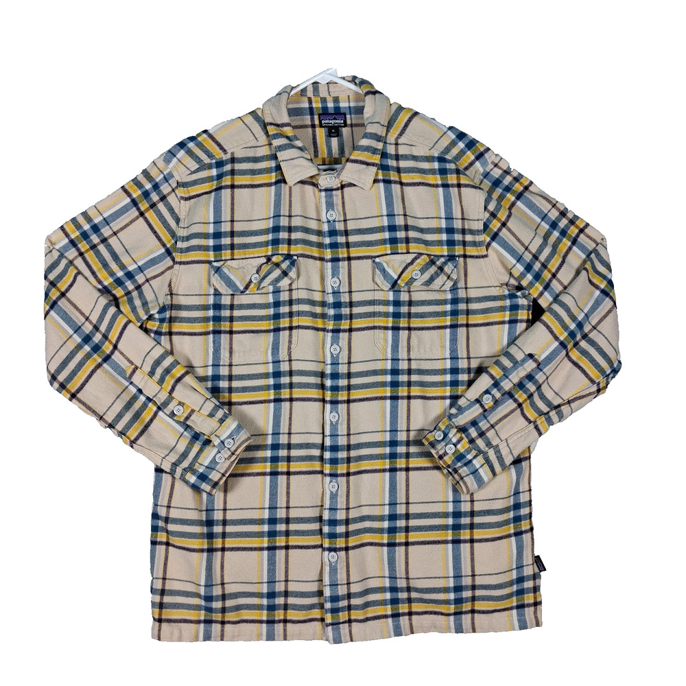 Patagonia Fjord‎ Flannel Shirt Men XL Beige Blue Plaid Midweight Organic Cotton